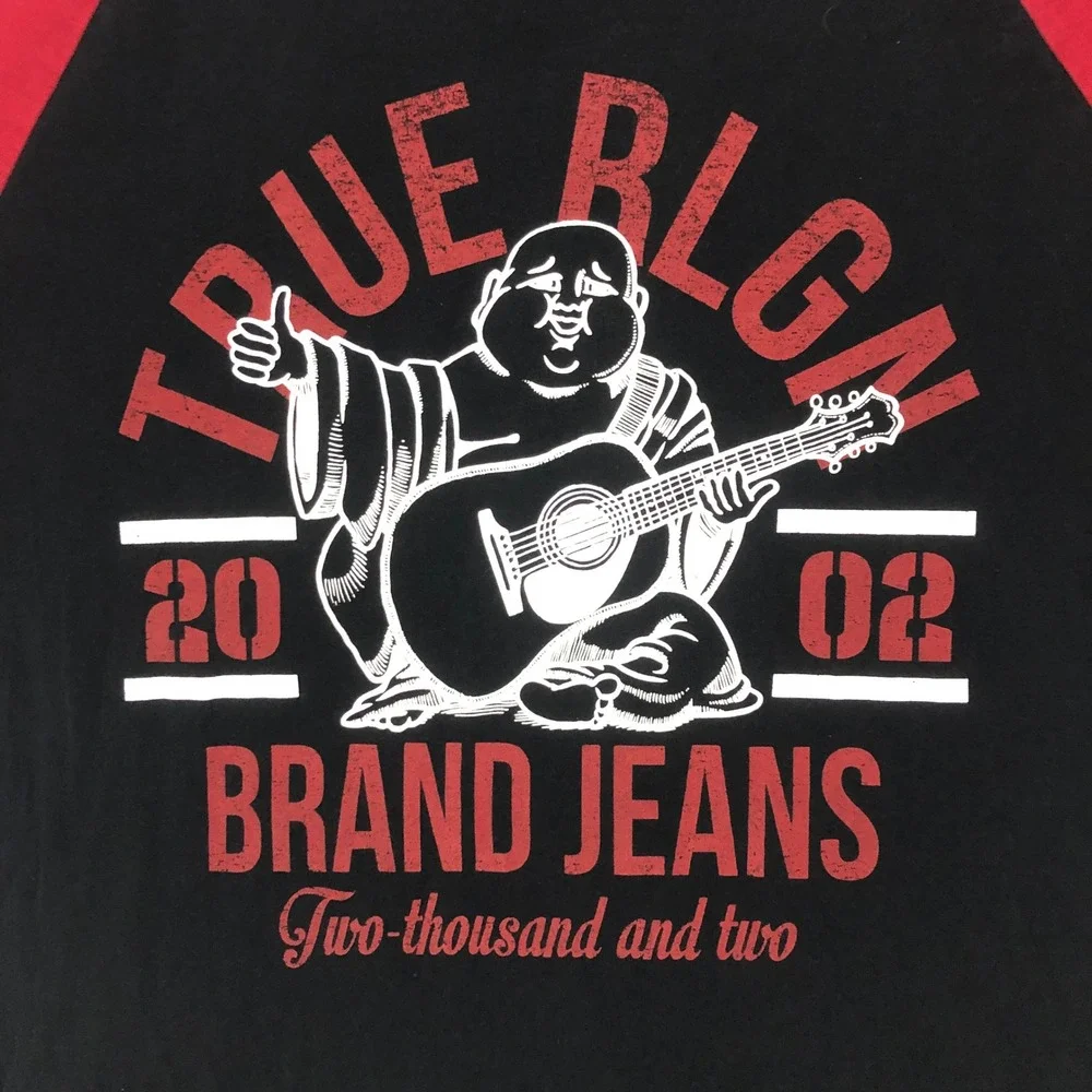 True Religion Mens Raglan Graphic T-Shirt Black Red Buddha Guitar L M40A595EQI